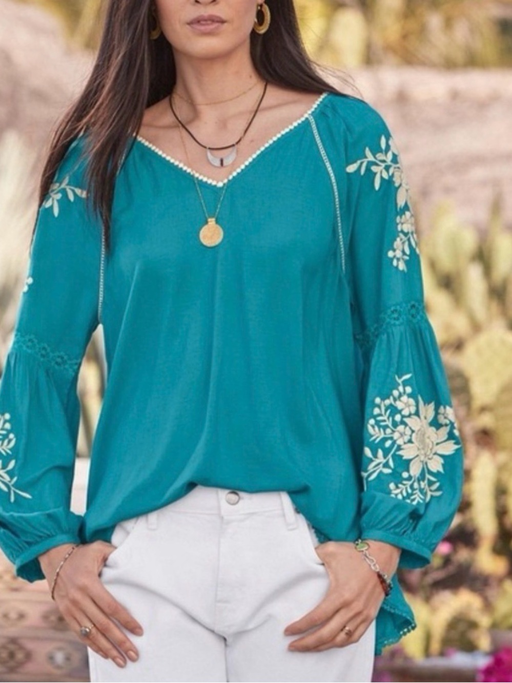Sundance Naomi Isles Tunic Teal Embroidered Modal Boho Blouse Plus Size XXL